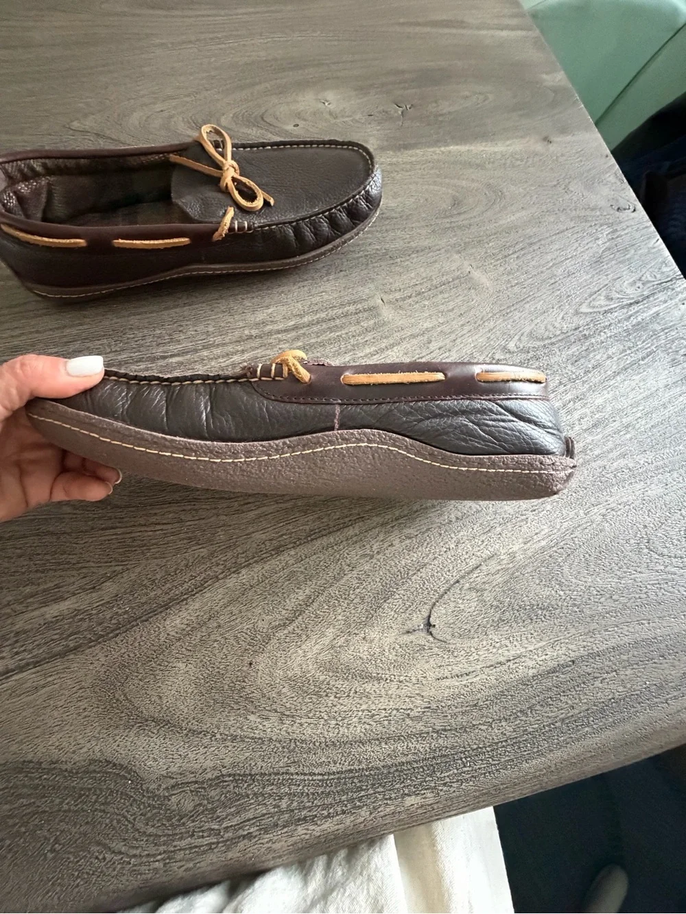L.L. Bean Dark Brown Leather Moccasin Loafers with Tan Laces